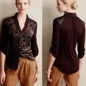 Anthropologie TIny Leighton Velvet Burnout Purple Button-Down Blouse XS NWOT